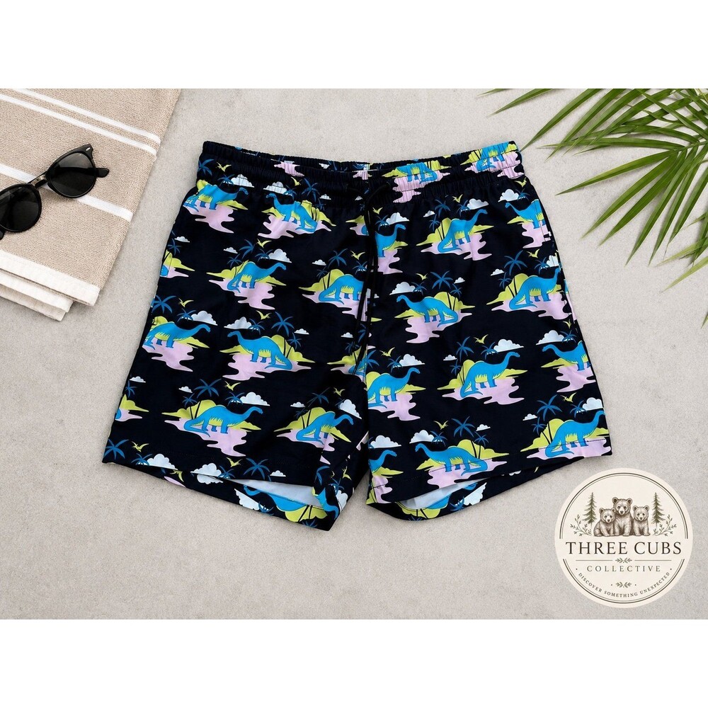 Cabana by Crown & Ivy Men's Dinosaur Swim Trunks Size Large Navy Liner Cut Out